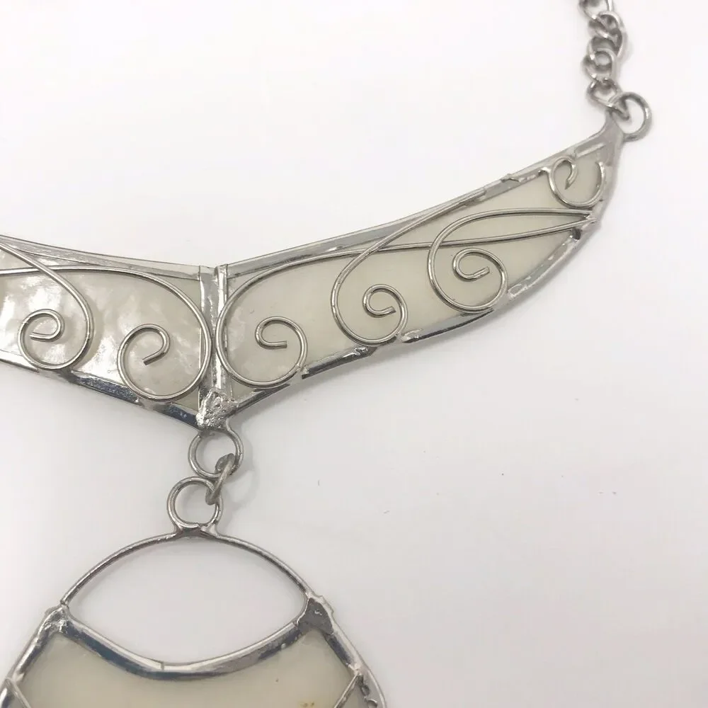FairTrade Handcrafted Silver Scroll Metal Necklace With Abalone Shell Insert‎